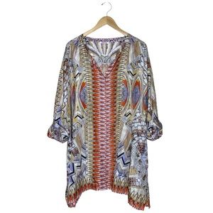 Johnny Was silk button down tunic peacock feathers